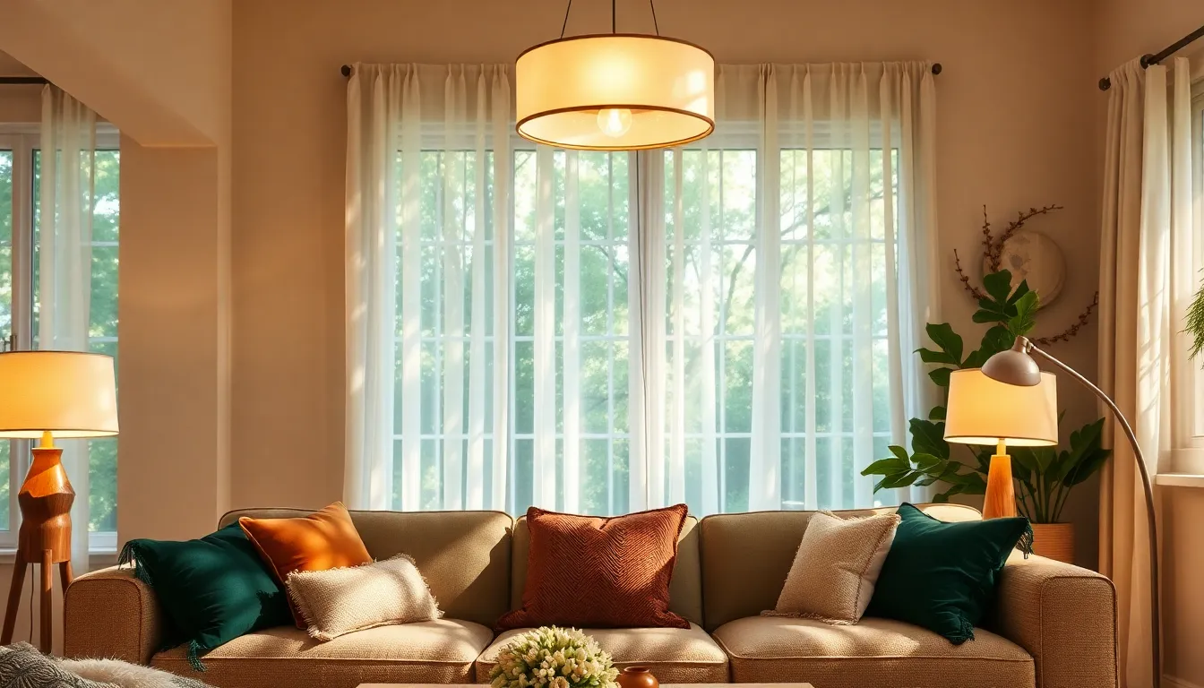 cozy living room with woodland lighting design and natural decor elements.